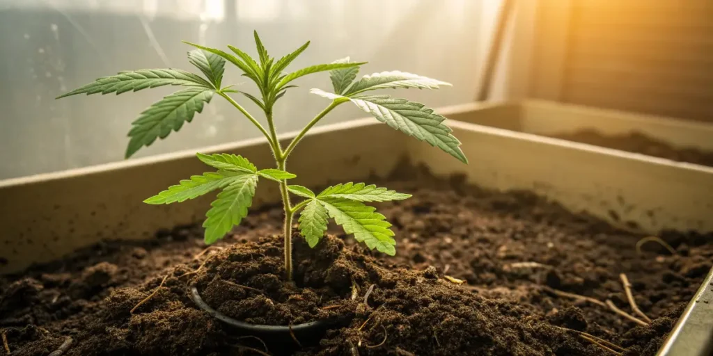 Cream Auto cannabis seedling growing in nutrient-rich soil under warm lighting.