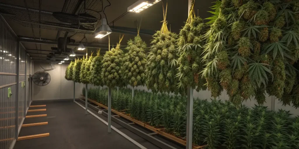 Critical Daddy Purple cannabis buds drying in a controlled indoor facility.