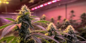 Critical Daddy Purple cannabis plant in full bloom under purple LED lighting.