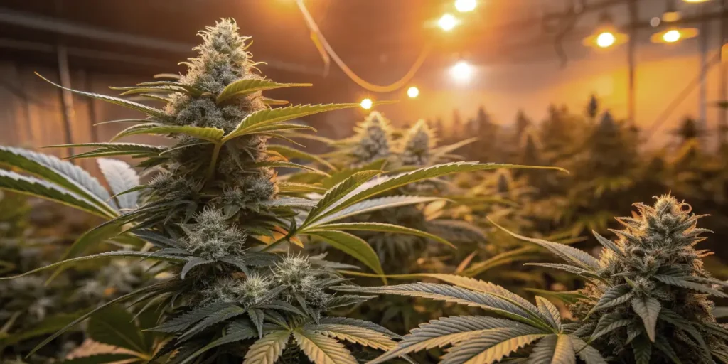 Critical Kush cannabis plant in full bloom under indoor grow lights.