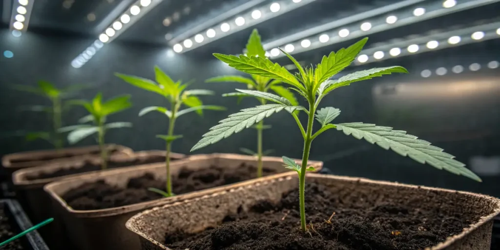 Critical Kush cannabis seedlings growing in pots under LED lighting.