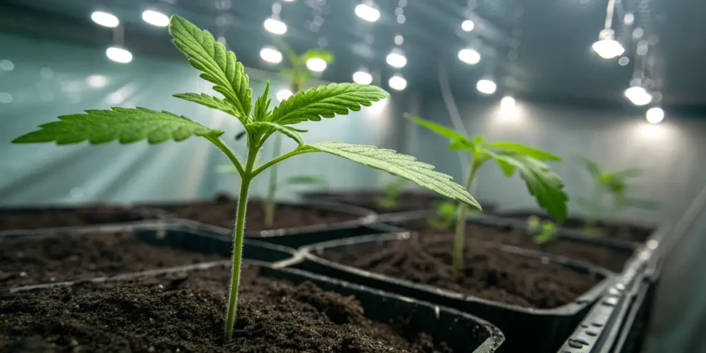Critical Kush seedlings thriving in nutrient-rich soil under bright grow lights.