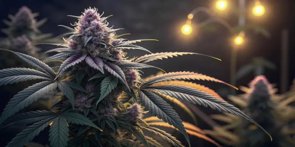 Critical Purple Auto cannabis plant displaying resinous purple flowers under light.