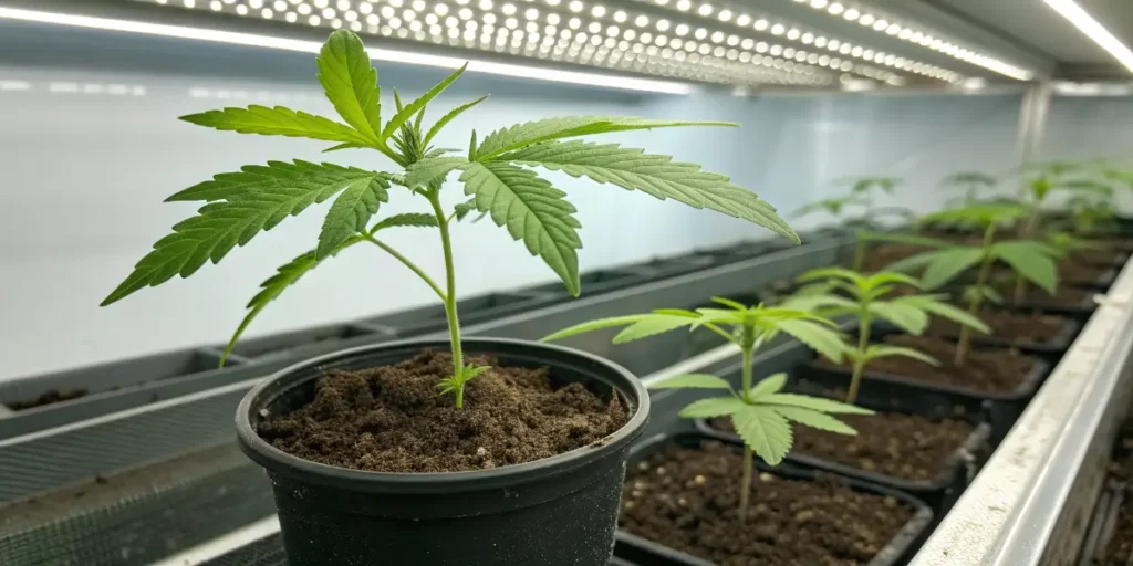 Critical Purple Auto cannabis seedling growing in a small pot under LED lights.