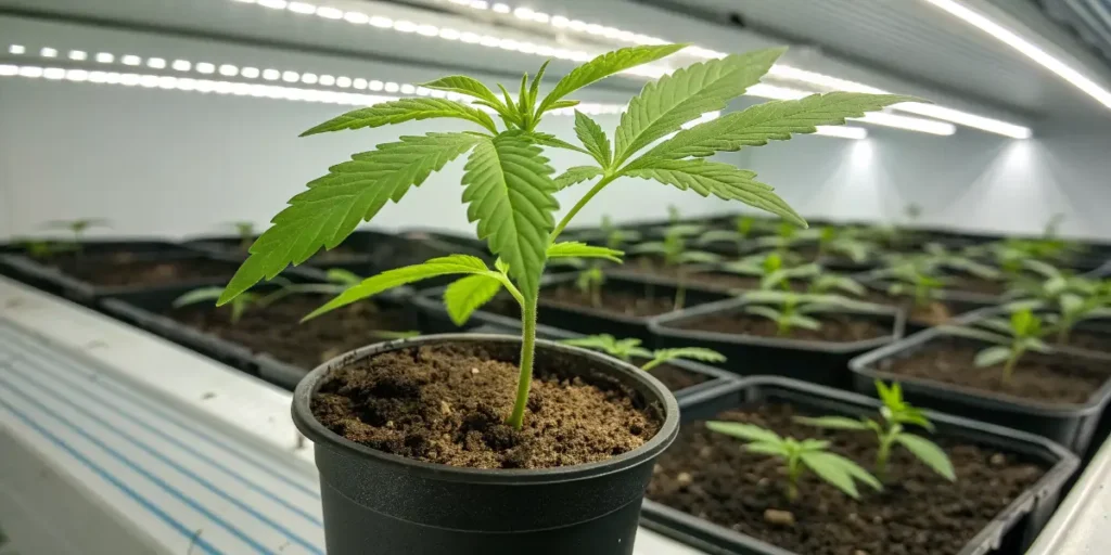 Early-stage Critical Purple Auto cannabis plant in controlled growing environment.