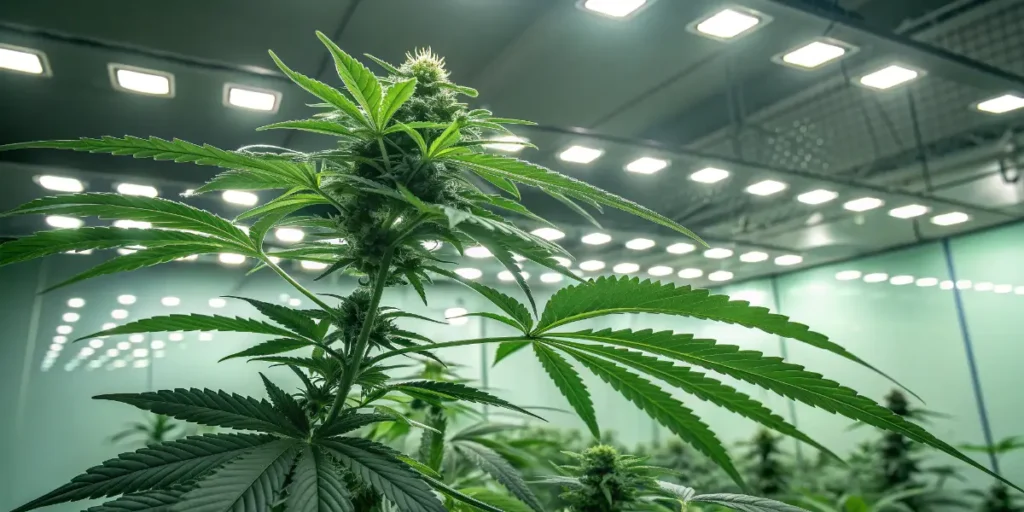 Critical Runtz cannabis plant in full bloom under LED lighting.