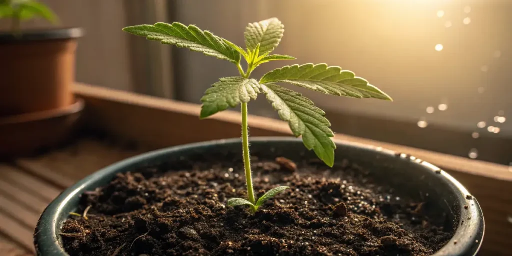 Critical Runtz cannabis seedling growing in a small pot under warm light.