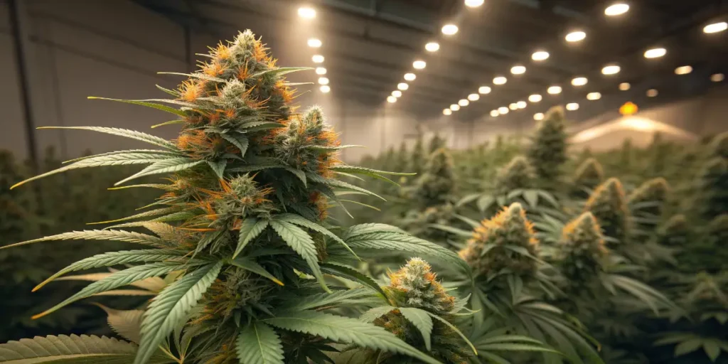 Cr+ cannabis plants growing indoors under LED panels with vibrant green foliage.