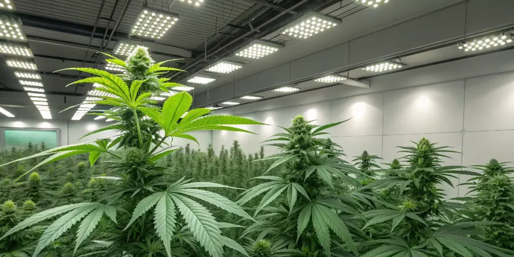 Mature Dama Blanca cannabis plants under LED lights in an indoor grow room.