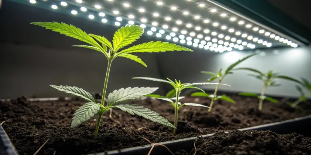 Young Dama Blanca cannabis seedlings under LED lights in nutrient-rich soil.