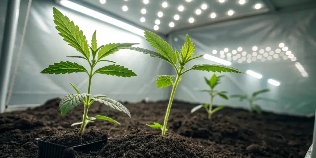 Dama Blanca cannabis sprouts in an indoor growing tent with LED lighting.
