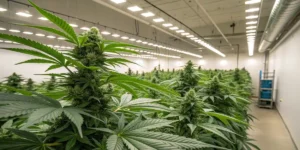 Dama Blanca cannabis plants growing indoors under bright LED lighting.