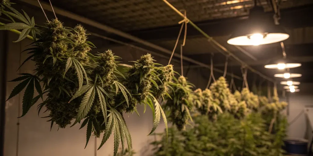 Rows of Diesel cannabis buds drying under warm indoor lights.