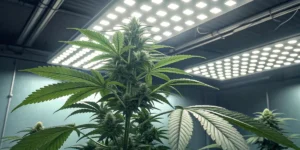 Diesel cannabis plant thriving under LED lights during flowering.