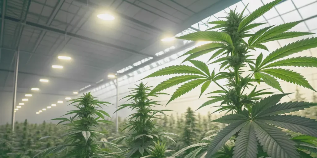 Diesel Glue cannabis plants thriving under sunlight and artificial lighting.