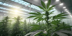 Diesel Glue cannabis plants flourishing in an indoor greenhouse.