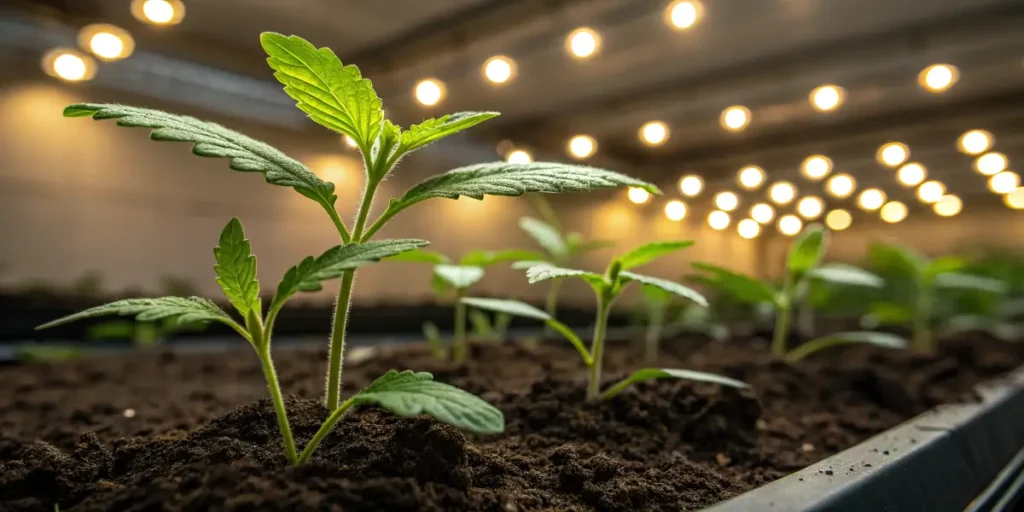 Young Diesel Glue cannabis seedlings growing under LED lights.