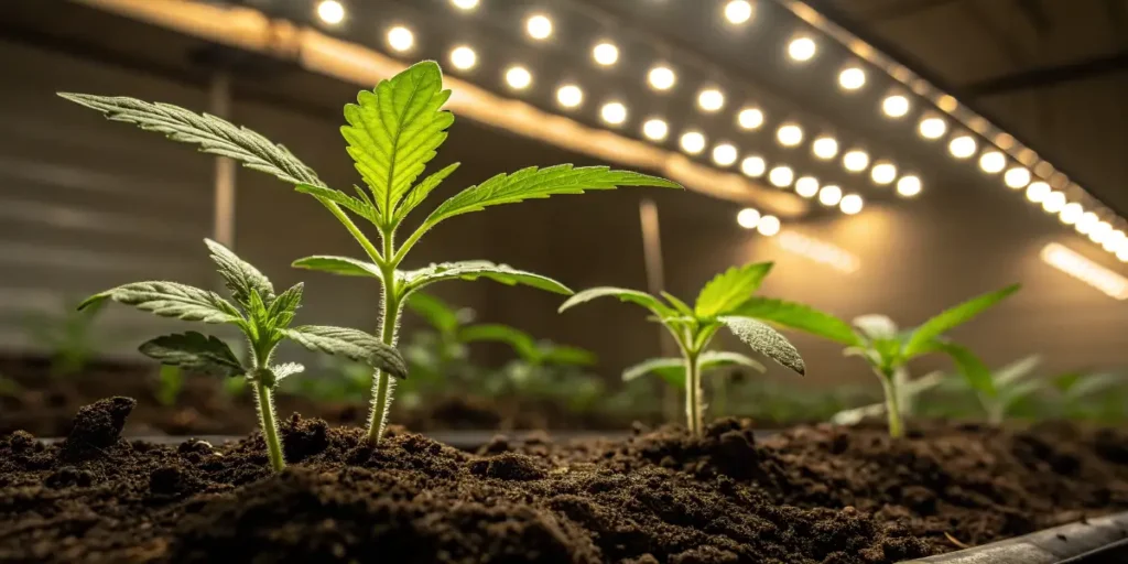 Close-up of Diesel Glue seedlings developing in an indoor growing room.