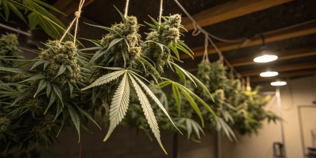Cannabis Diesel buds hanging upside down to dry indoors.