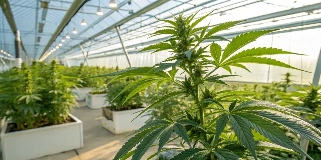 Close-up of Do-Si-Dos cannabis plants under greenhouse lights.
