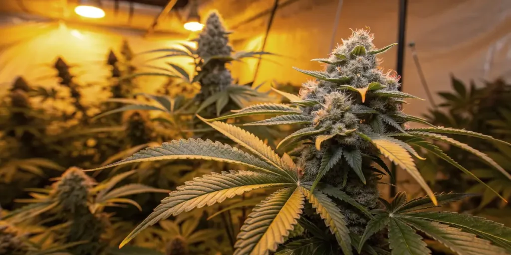 Domina cannabis plant in full bloom under warm indoor lighting.