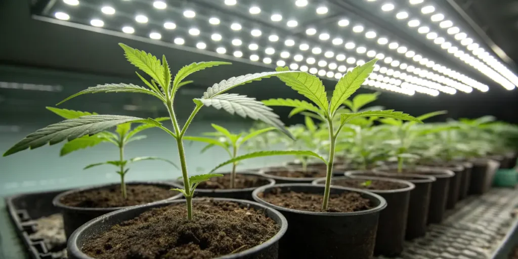 Domina cannabis seedlings cultivated indoors in small pots.