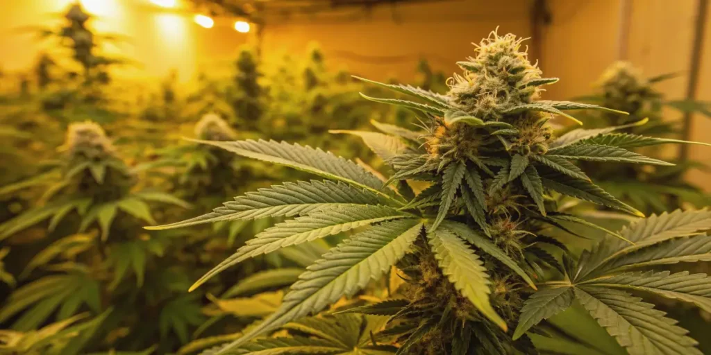 Mature Double Kush Cake Auto plant developing dense buds indoors.