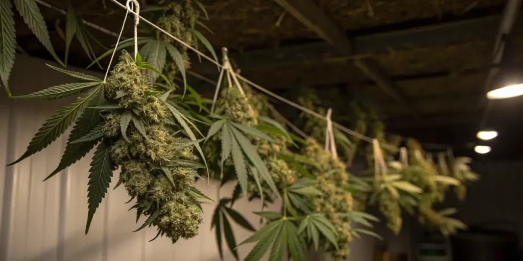 Drying stage of Double Kush Cake Auto cannabis under warm lighting.