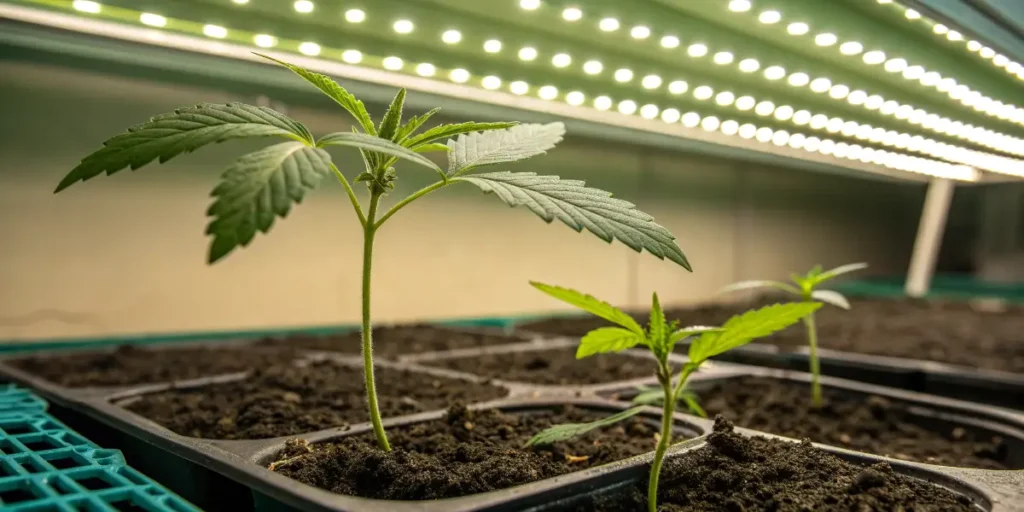 Cannabis seedlings in pots under artificial lighting.
