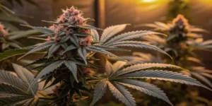 Cannabis plant with pink buds under warm lighting.