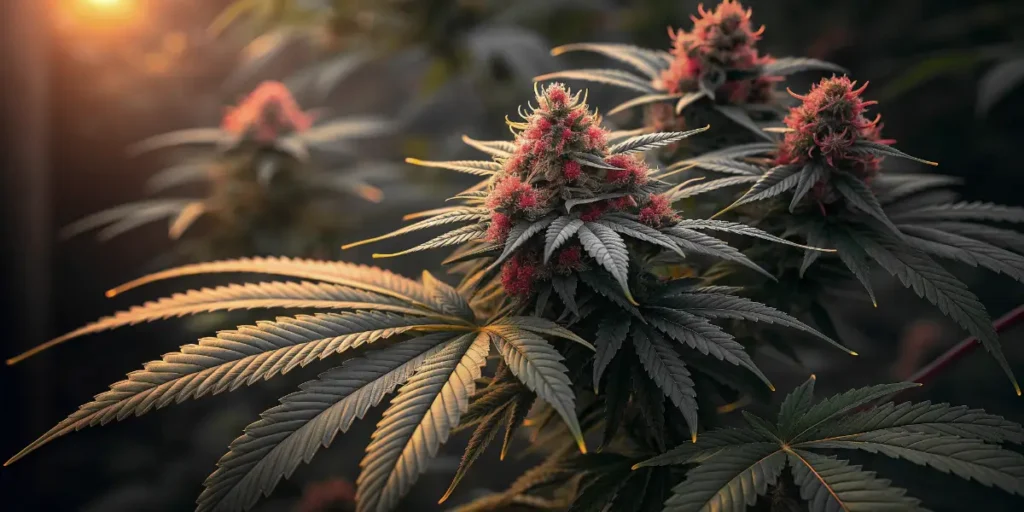 Close-up of flowering cannabis buds with pink hues under grow lights.