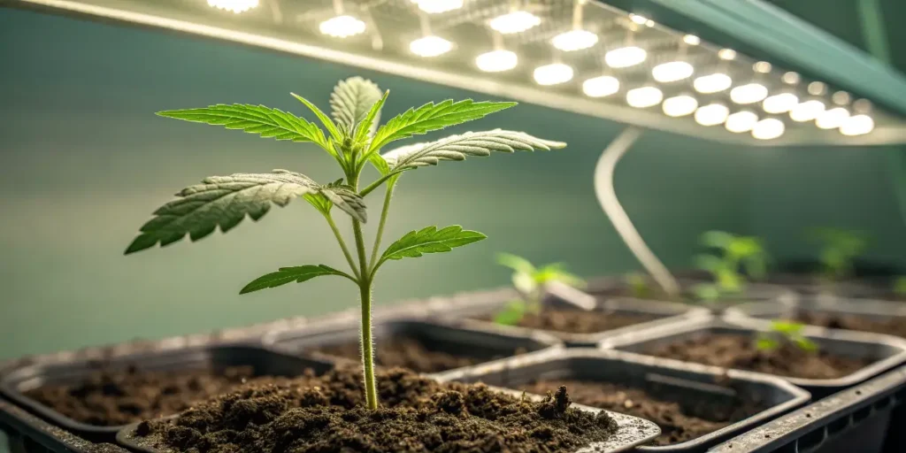 Young cannabis seedling growing under LED lights.