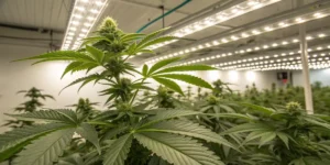 Close-up of a cannabis plant in full bloom under LED lights.