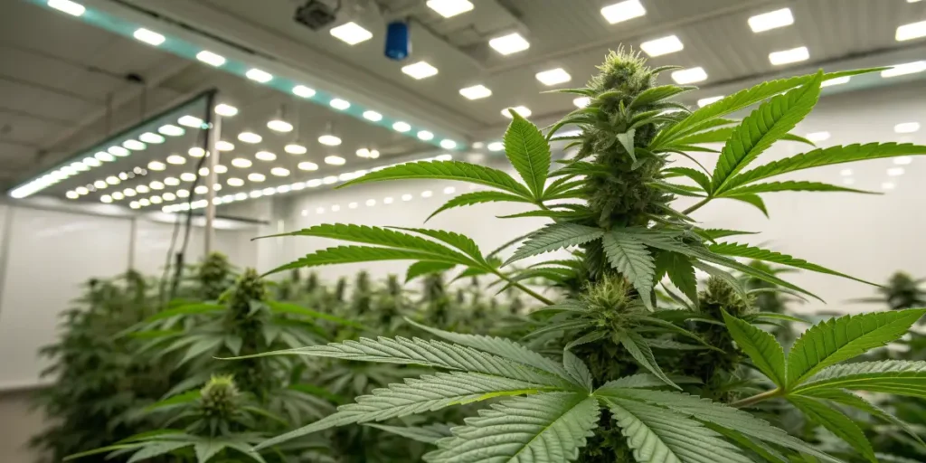 Cannabis plant growing indoors under artificial light.