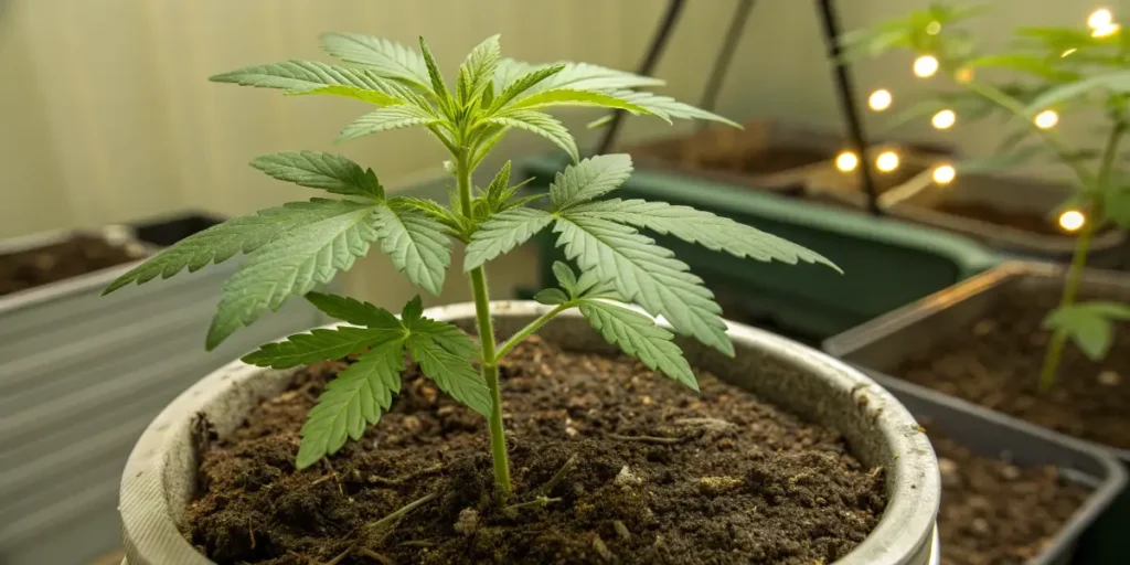 Young cannabis seedling growing in a pot under soft lighting.