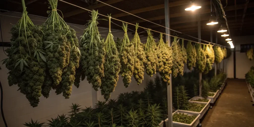 Rows of harvested cannabis buds hanging to dry under soft lighting.