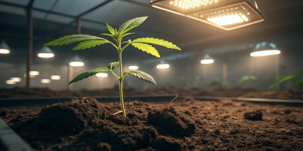 Small cannabis plant under LED grow lights in a cultivation room.