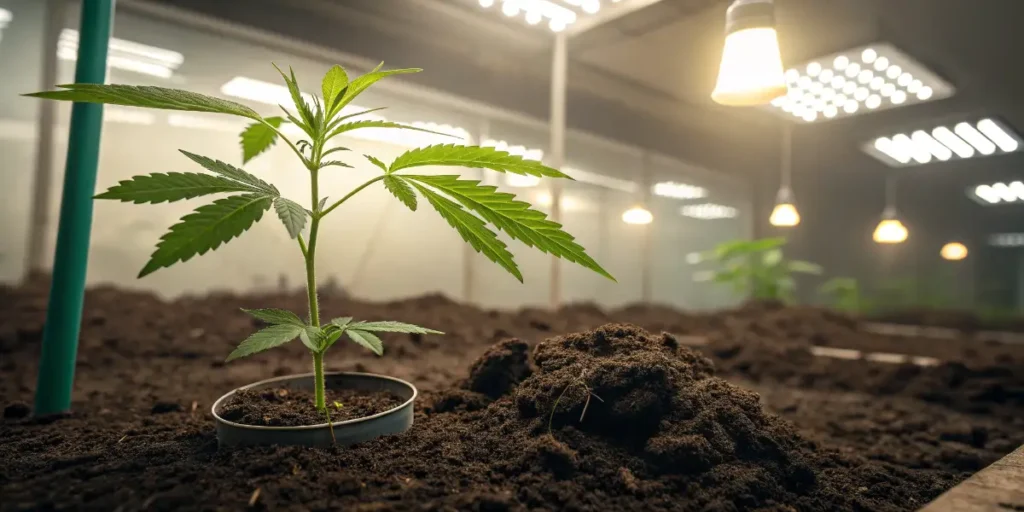 Young cannabis seedling growing under artificial lights.