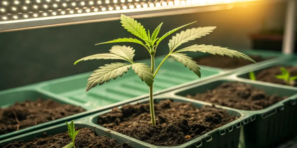 Cannabis seedlings under grow lights in an indoor setup.