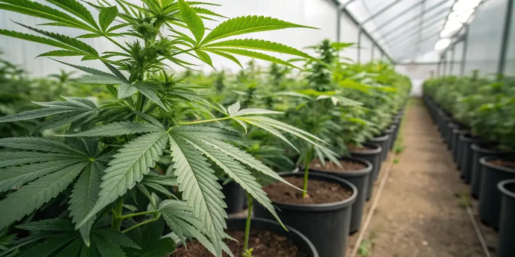 Cannabis plants in the vegetative stage arranged in rows inside a greenhouse.