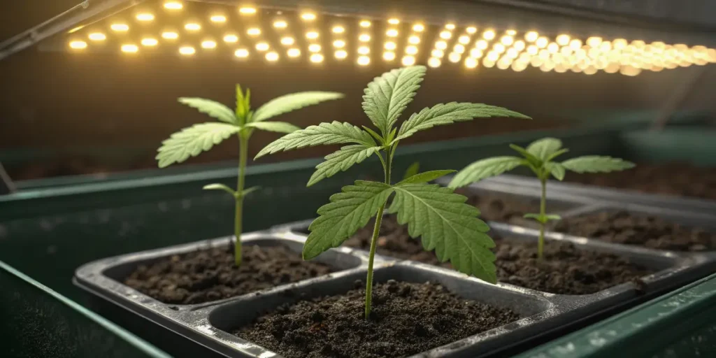 Young cannabis seedlings growing under LED lights.