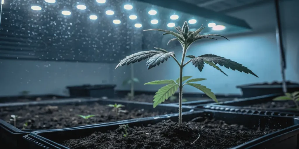 Small cannabis seedling under bright LED lights in an indoor setup.