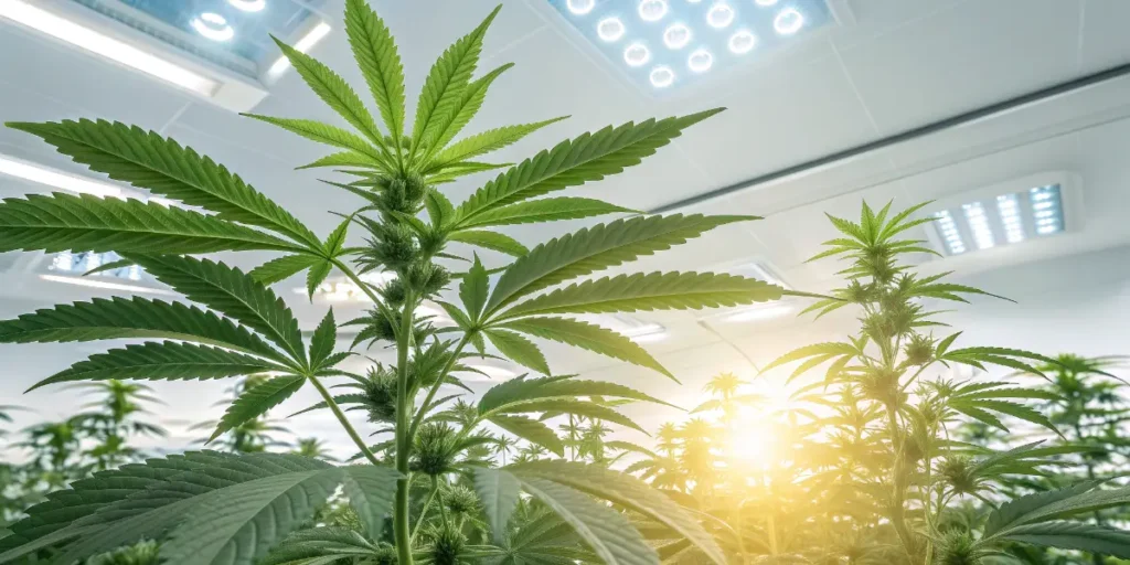 Durban Poison Auto thriving under bright indoor grow lights.