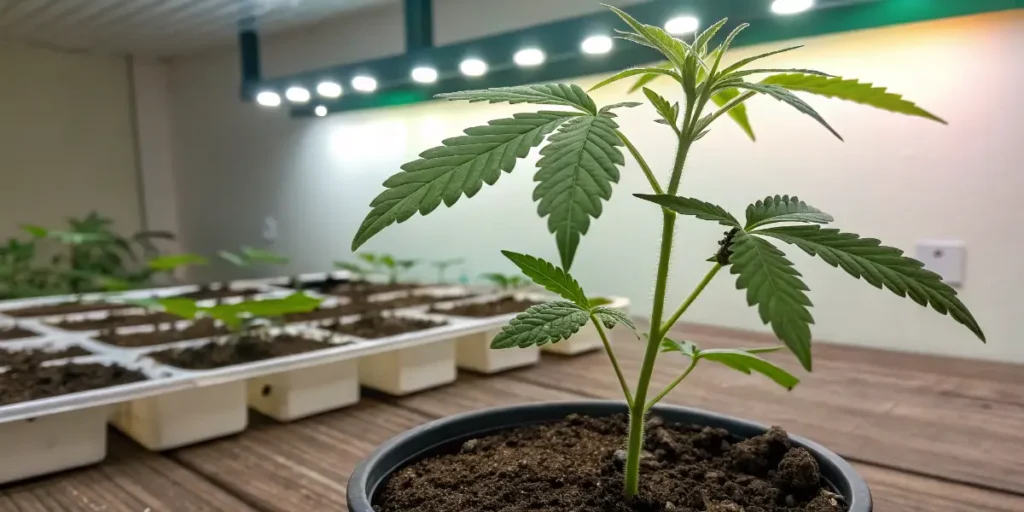 Durban Poison Auto young plant growing in a small pot under LED grow lights.