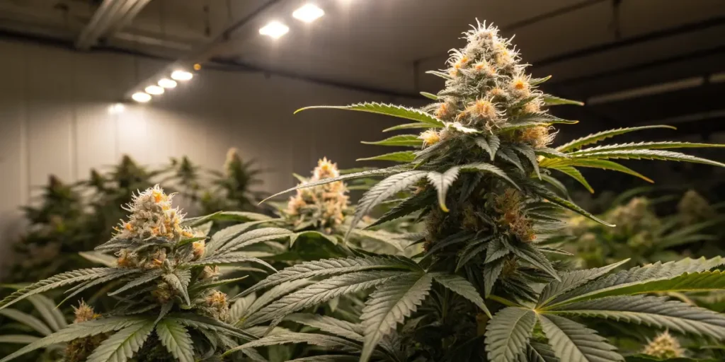 Close-up of cannabis buds with orange pistils under indoor lighting.