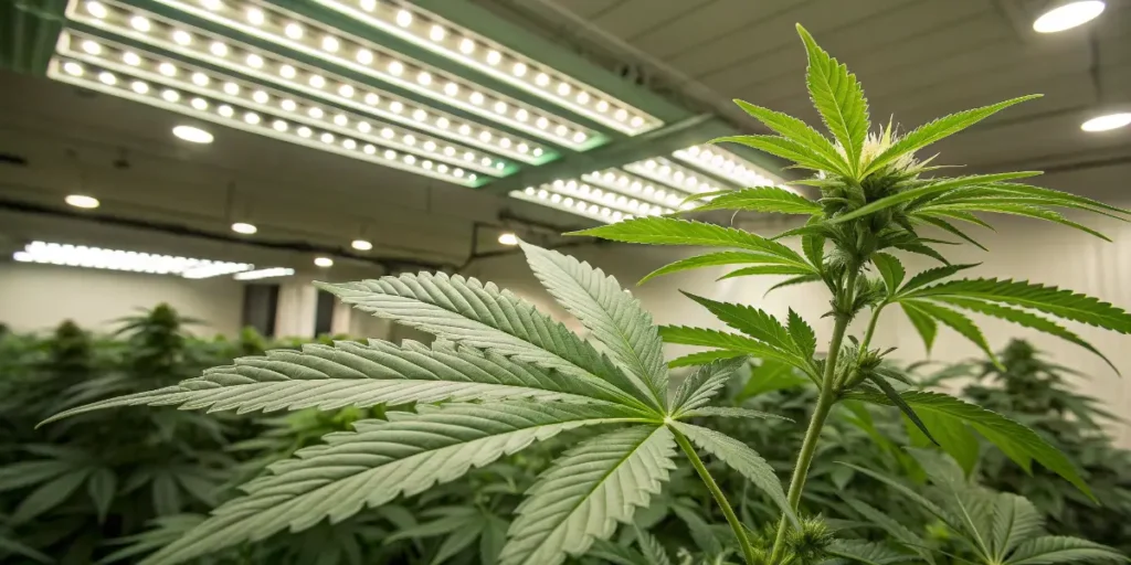 Cannabis Durban Poison plant under bright LED panels in an indoor grow room.