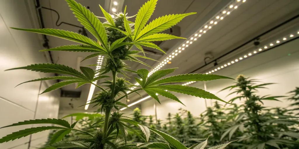 Cannabis seedling growing in a small pot under blue LED lights.
