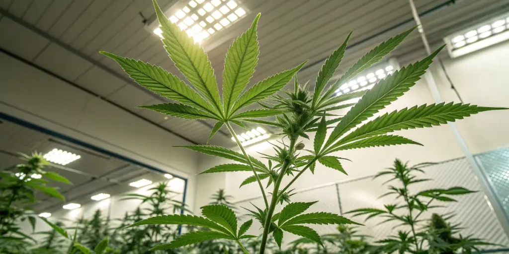 Cannabis plant in the vegetative stage under indoor lighting.