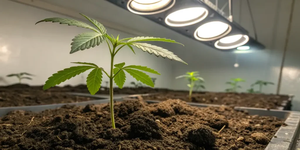 Blueberry Auto cannabis plant in early vegetative stage under LED lights.