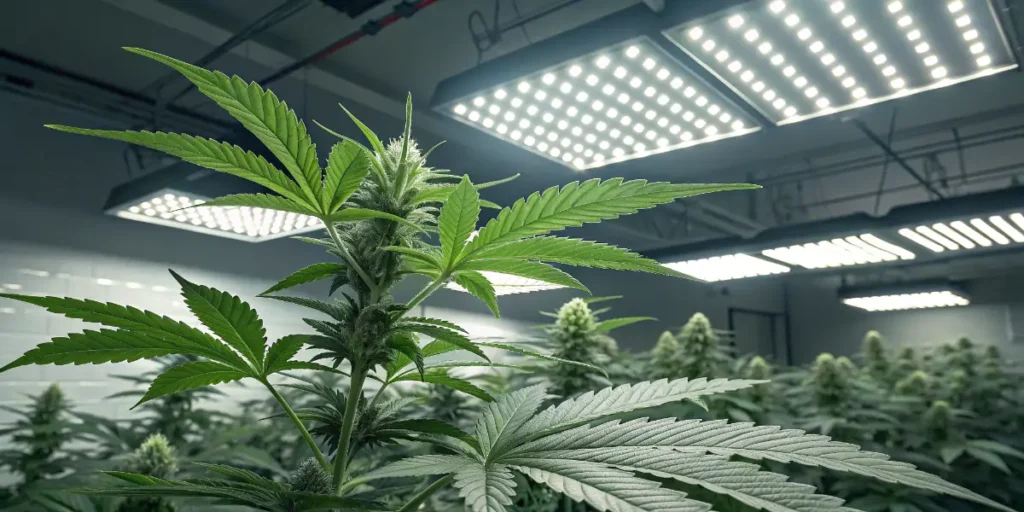 Blueberry cannabis plant in early vegetative stage under controlled lighting.